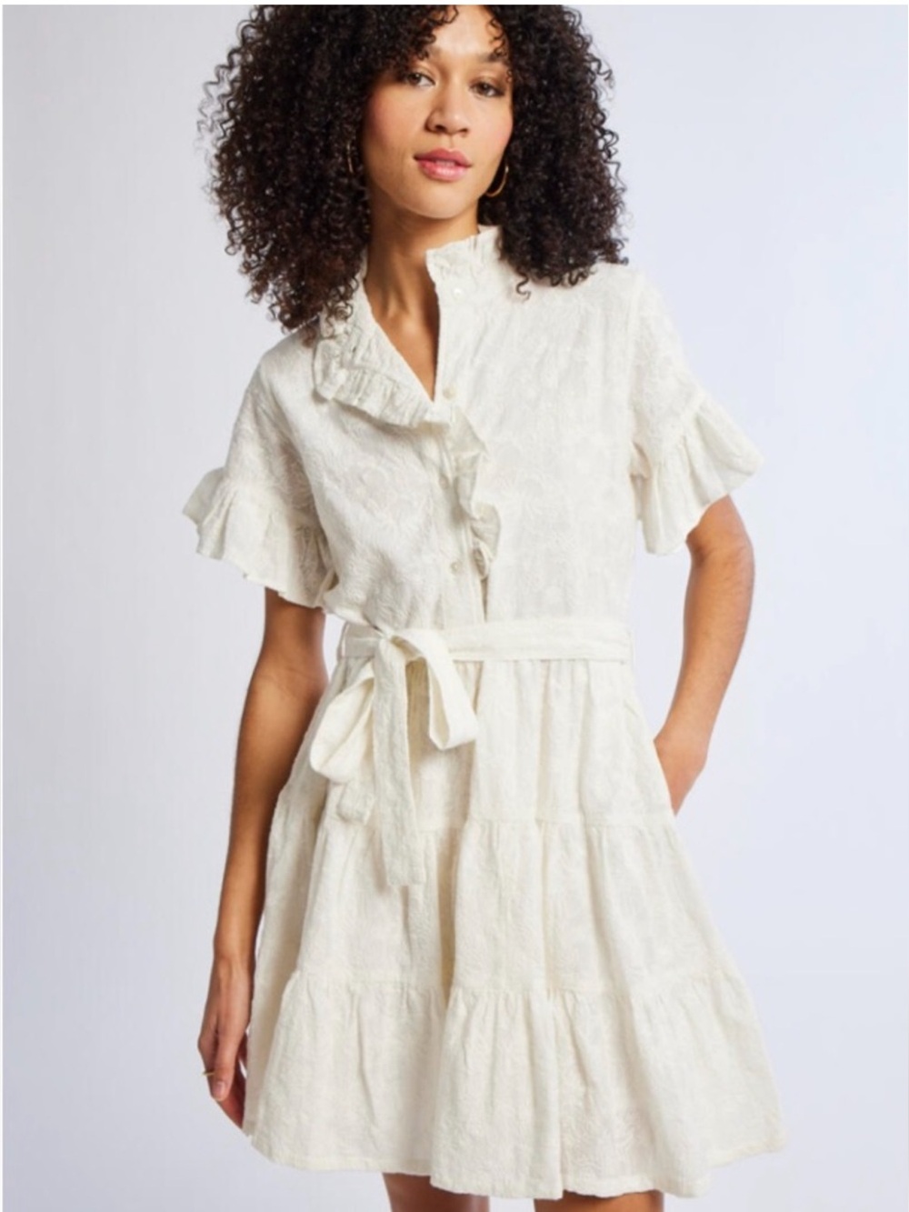 NWT Mille Cream Ruffle-Tiered Embroidered Tie-Waist Shirt Dress Medium
